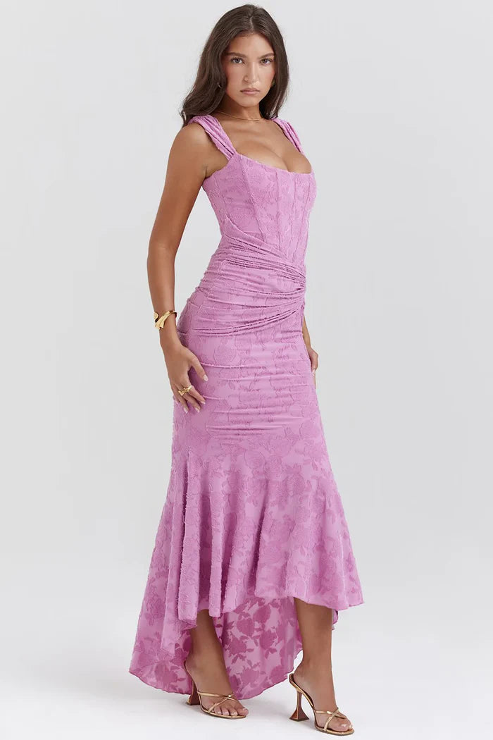 Rosea – Rochie Elegantă cu Croială Sculpturală și Imprimeu Floral Ton pe Ton (Colecția)