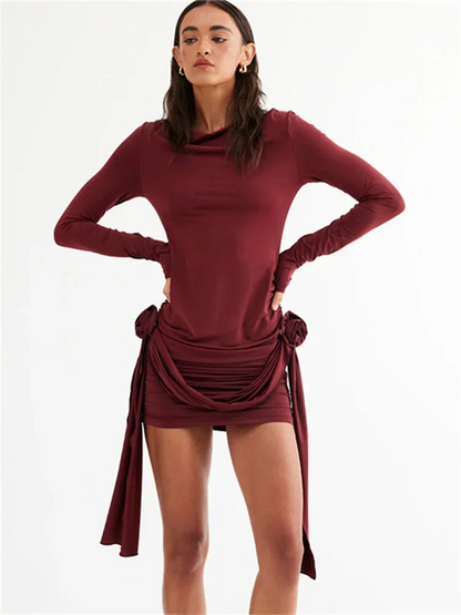 Elvia – Rochie Mini Plisată cu Mâneci Lungi
