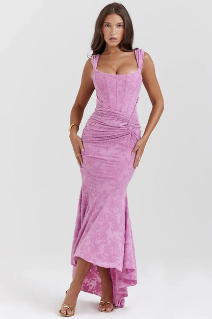Rosea – Rochie Elegantă cu Croială Sculpturală și Imprimeu Floral Ton pe Ton (Colecția)