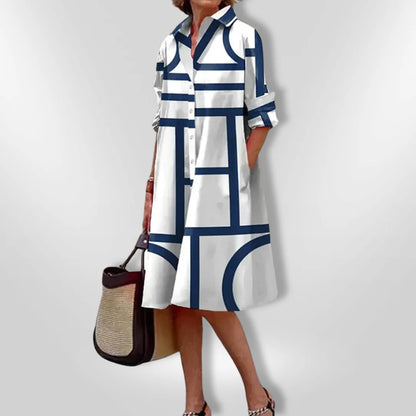 Helena – Rochie Midi cu Croială în A și Model Geometric Elegant