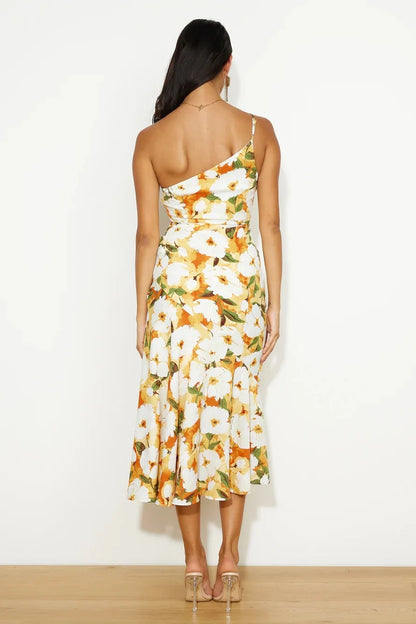 Isandra – Rochie Midi Asimetrică din Satin Floral (Colecția)