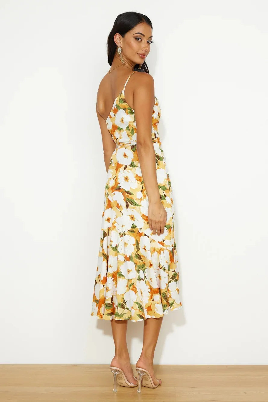 Isandra – Rochie Midi Asimetrică din Satin Floral (Colecția)