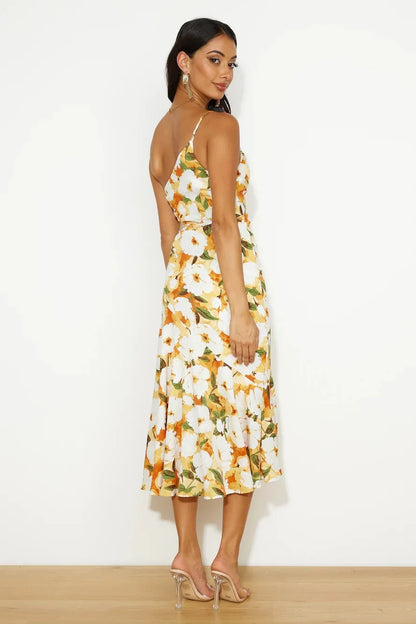 Isandra – Rochie Midi Asimetrică din Satin Floral (Colecția)