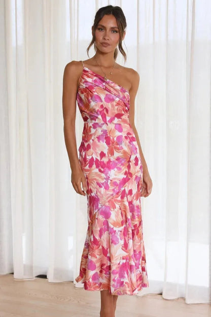 Isandra – Rochie Midi Asimetrică din Satin Floral (Colecția)