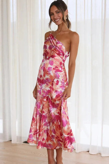 Isandra – Rochie Midi Asimetrică din Satin Floral (Colecția)